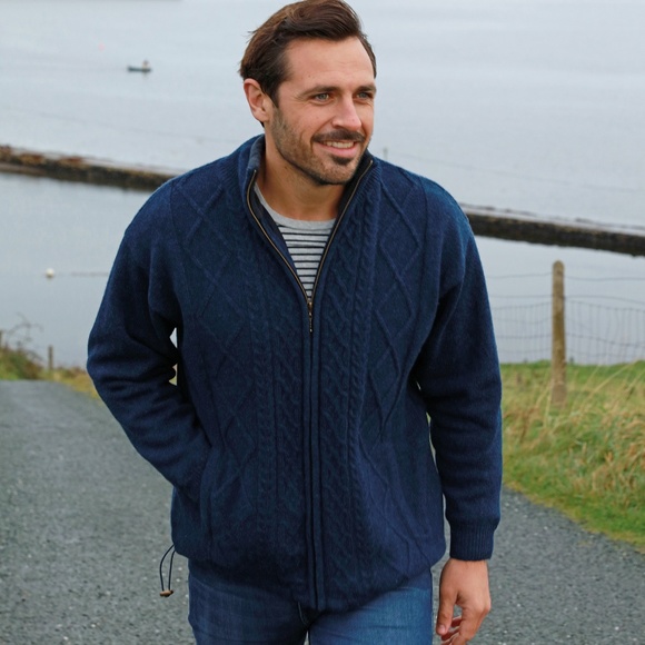 New Mens Aran Zip Front Wool Sweater Blue Green L - Picture 1 of 9